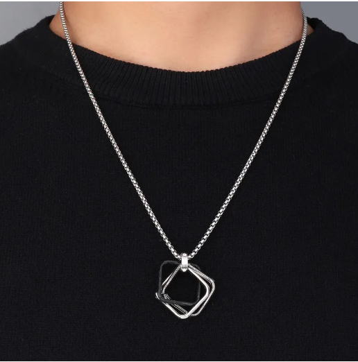 Collar Hombre Dije Cuadrado Acero Titanio