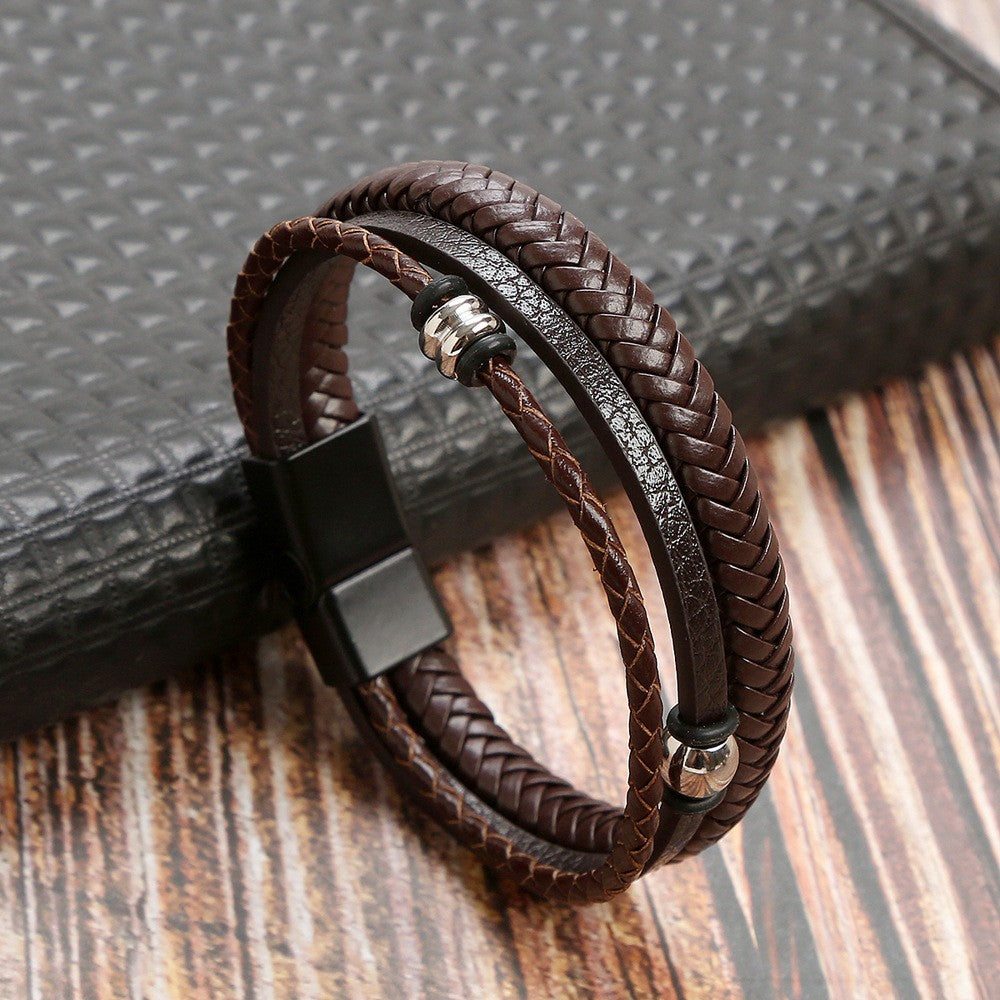 Pulsera Hombre Dije y Cuenca Cuero Sintético