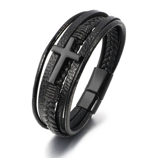 Pulsera Hombre Cruz Plateada Cuero Sintético