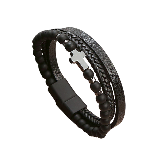 Pulsera Hombre Cruz Piedras y Cuero Sintético