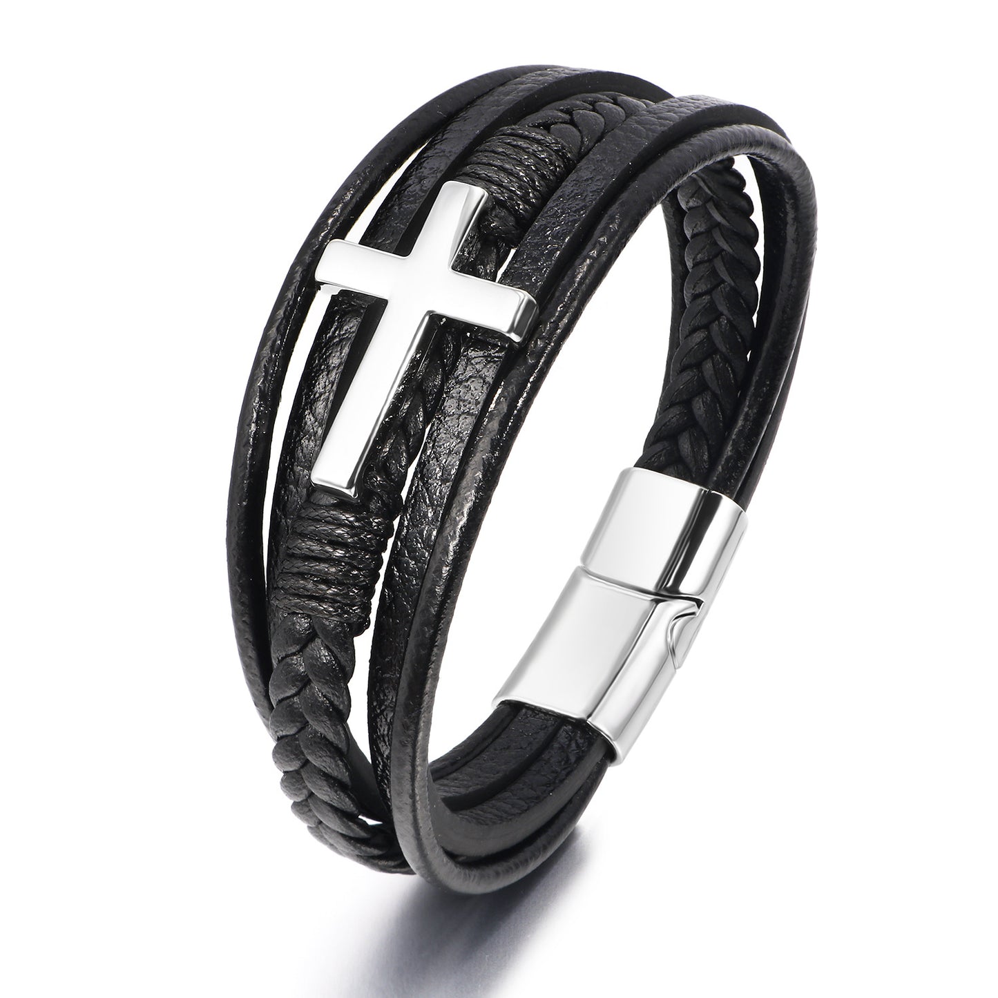 Pulsera Hombre Cruz Plateada Cuero Sintético
