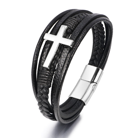Pulsera Hombre Cruz Plateada Cuero Sintético