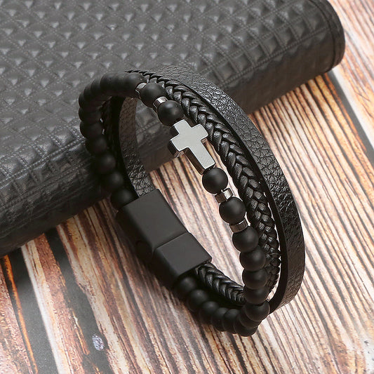 Pulsera Hombre Cruz Piedras y Cuero Sintético